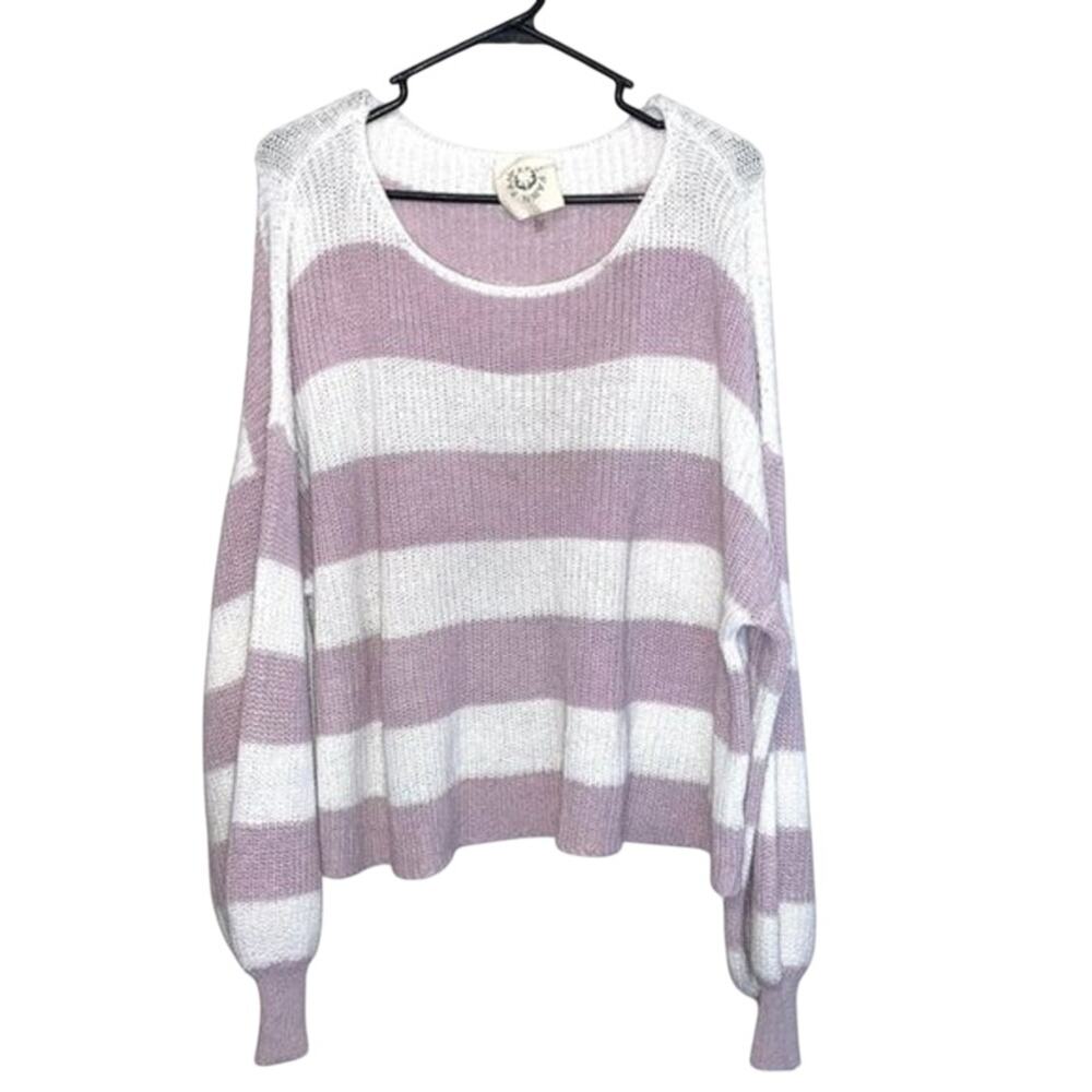Fantastic Fawn Purple White Scoop Neck Long Sleeve Knit Pullover Sweater Large